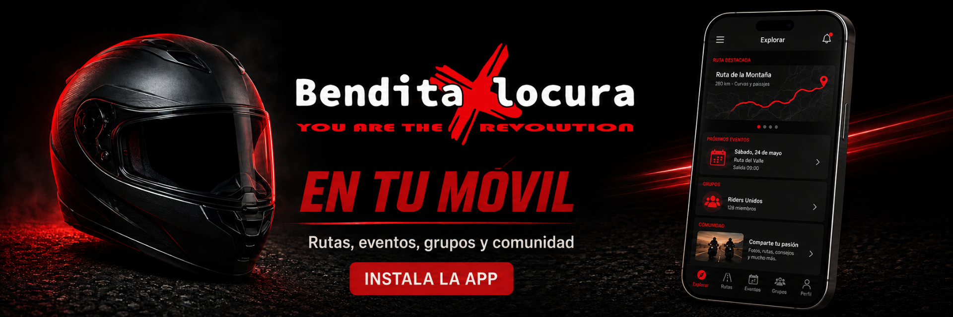 App oficial de Bendita X Locura para rutas moteras, eventos, grupos oficiales, catálogo y zona de socios